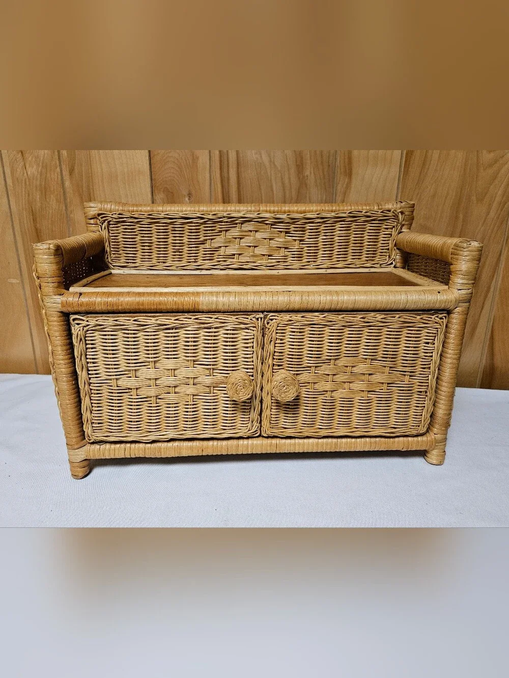 Vintage Rattan Wicker Wall 2 Shelf 2 Doors BOHO Cottage Granny Core Natural Wood